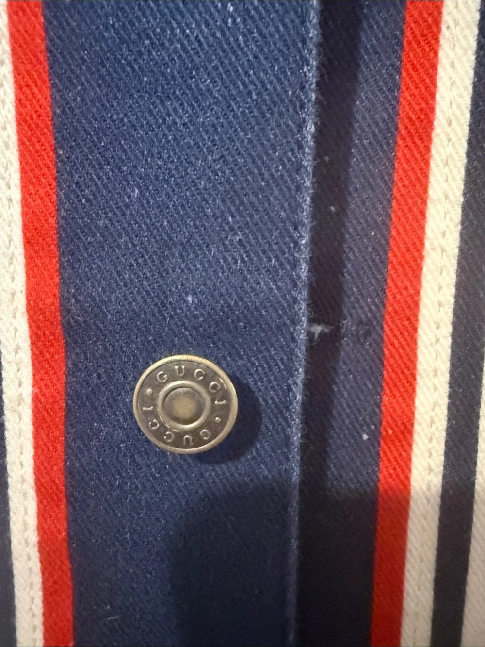 Gucci Cream Logo-Print Cotton Jacket with Navy & Red Trim